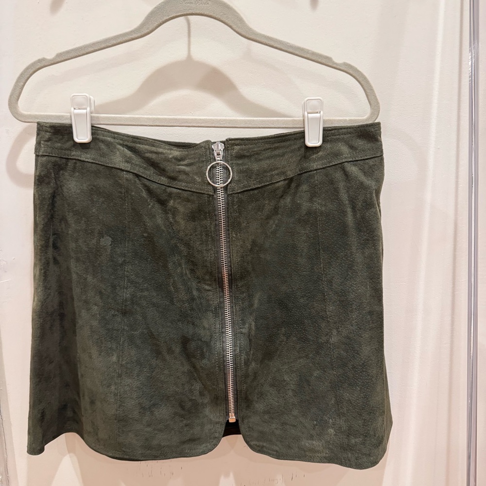 Olive Green Suede Zip Up Mini Skirt